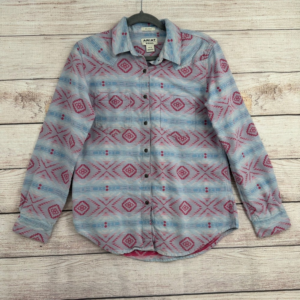 Ariat Button Down Shirt Womens Medium Blue Pink Southwestern Real Billie Jean